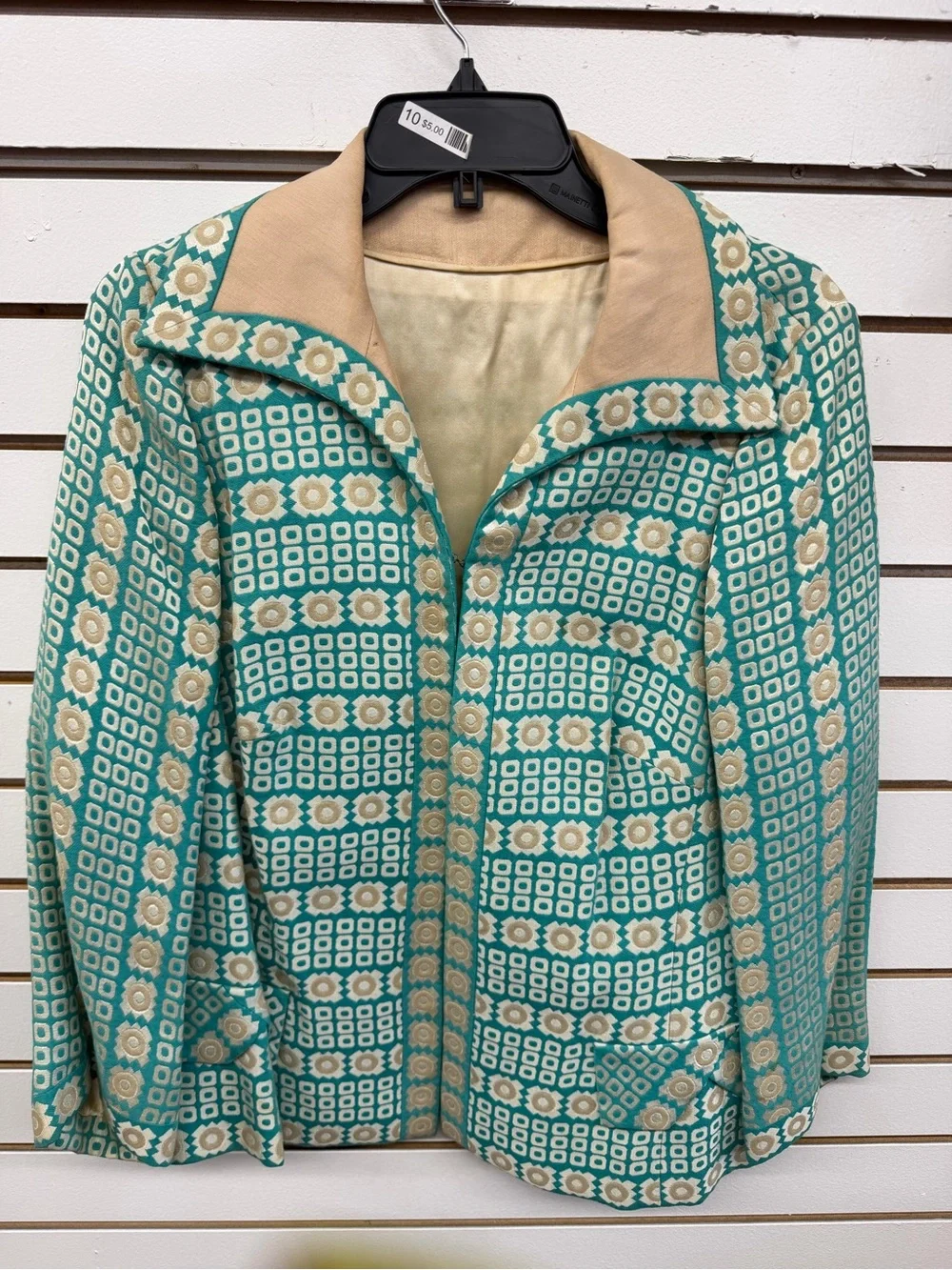 Vintage Jacket & Blouse Set Turquoise Cream Geometric Open Front Women’s